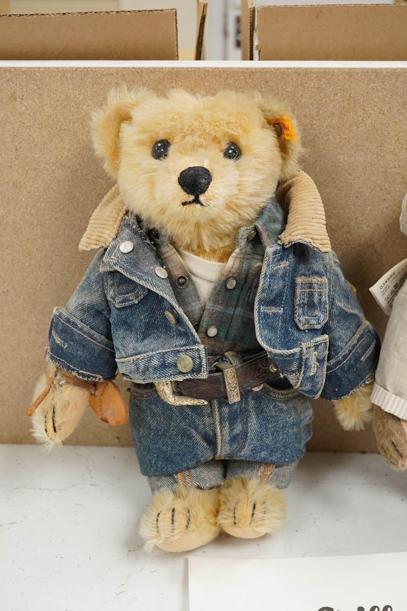 A Steiff yellow tag Ralph Lauren Polo bear, 36cm, a Steiff white label Teddy bear, Livingston with certificate (2)